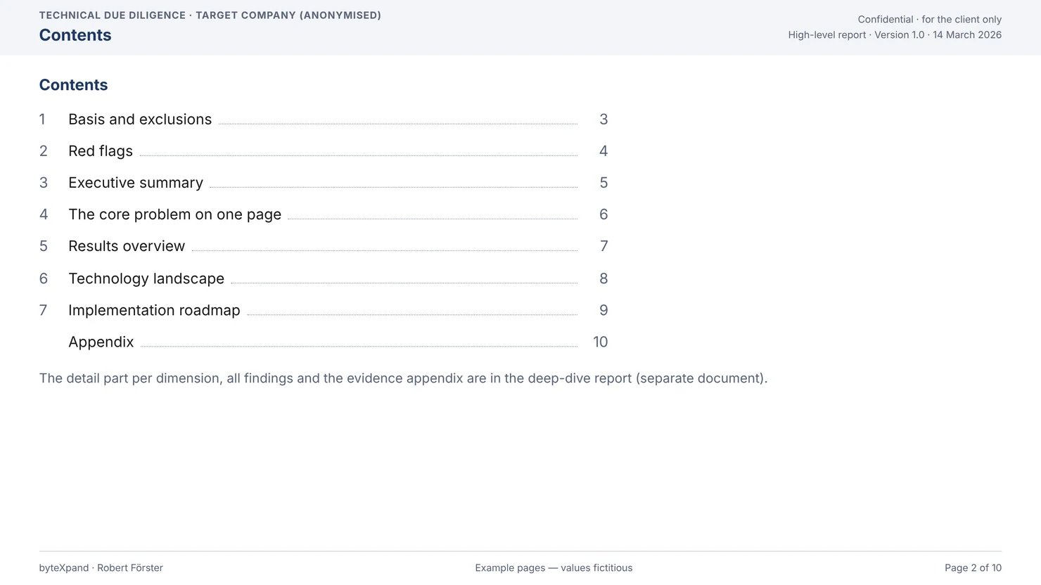 Contents of the high-level report: basis and exclusions, red flags, executive summary, core problem, results overview, technology landscape, implementation roadmap, appendix